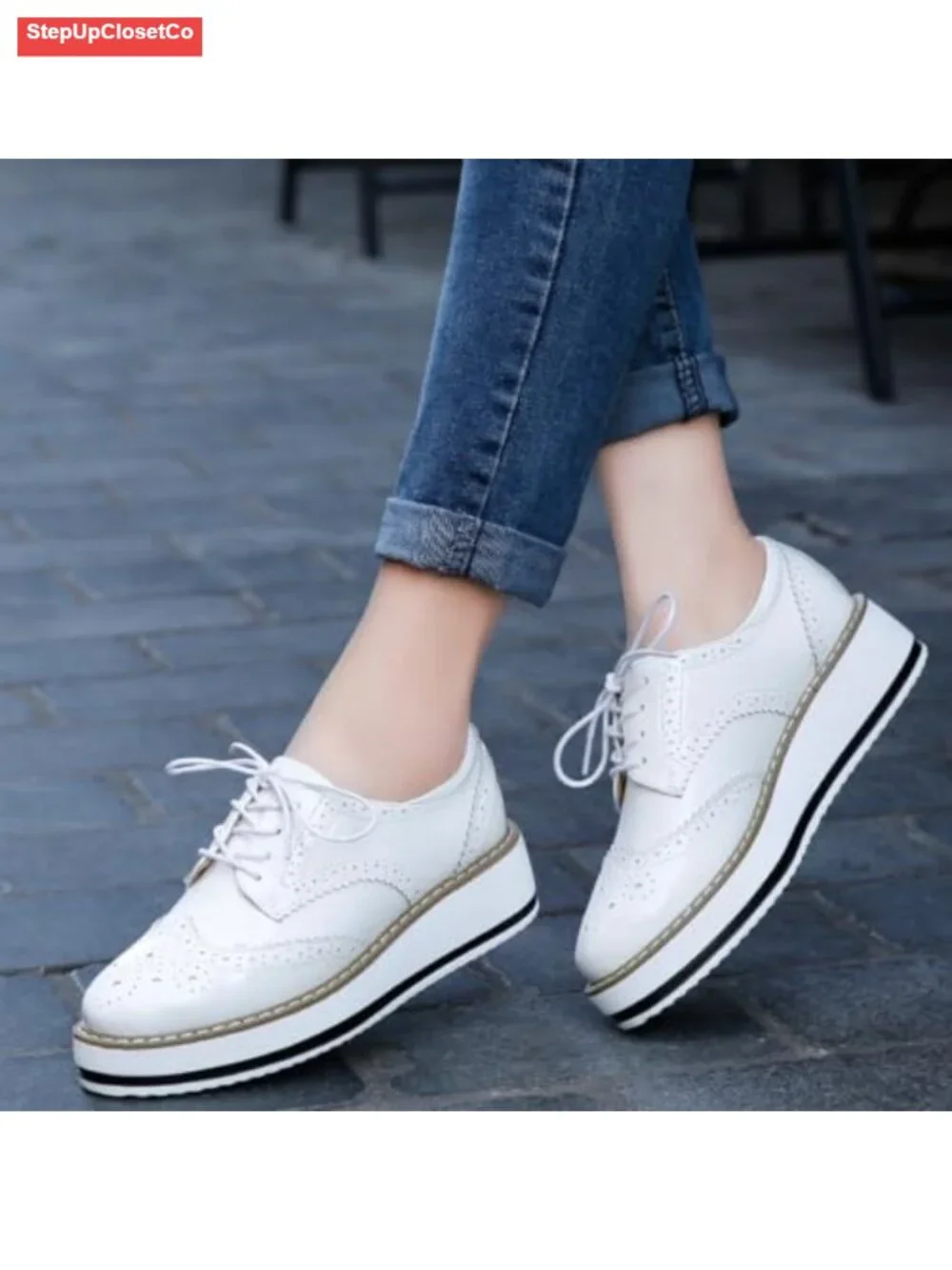 Platform Lace-Up Wingtip Oxfords Leather Square Toe Shoe